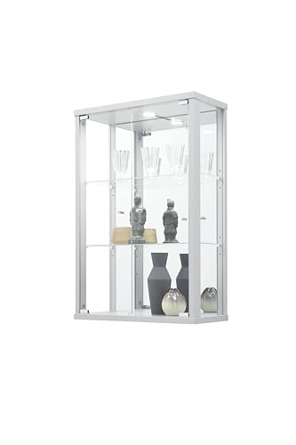 K-Möbel VR-Wohnwelten Hängevitrine (82x56x25,2cm) in Silber/Alu mit 2 Glasböden & LED - Modellauto Vitrine Silber/Alu - Vitrinenschrank - Sammlervitrine - Glasvitrine klein Regal Glas Mini Vitrine von K-Möbel