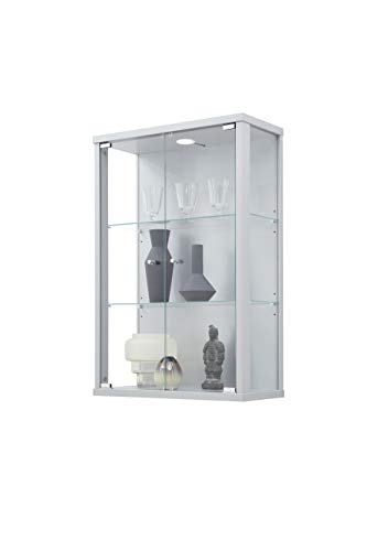 K-Möbel VR-Wohnwelten Hängevitrine (82x56x25,2cm) in Silber mit 2 Glasböden, Spiegel & LED - Modellauto Vitrine Schwarz - Vitrinenschrank Schwarz - Sammlervitrine - Glasvitrine klein Regal Glas Mini von K-Möbel