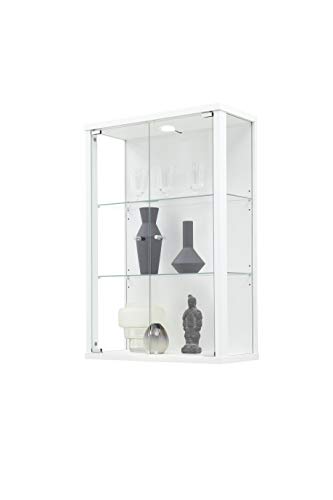 K-Möbel VR-Wohnwelten Hängevitrine (82x56x25,2cm) in Weiss mit 2 Glasböden, Spiegel & LED - Modellauto Vitrine Schwarz - Vitrinenschrank Schwarz - Sammlervitrine - Glasvitrine klein Regal Glas Mini von K-Möbel