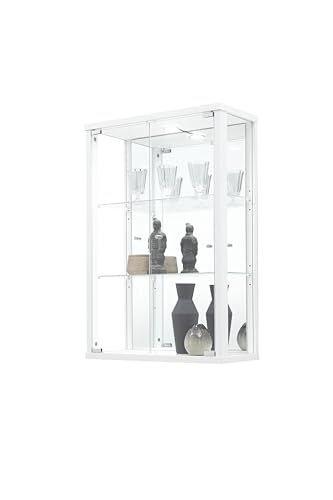 K-Möbel VR-Wohnwelten Hängevitrine (82x56x25,2cm) in Weiss mit 2 Glasböden & LED - Modellauto Vitrine Weiss - Vitrinenschrank Weiß - Sammlervitrine - Glasvitrine klein Regal Glas Mini Vitrine Weiß von K-Möbel