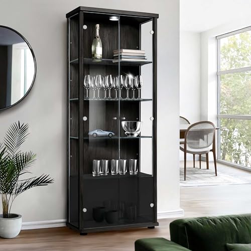 K-Möbel Vitrinenschrank 2-türig (176x67x33cm) - Made in Germany - Standvitrine Schwarz mit 4 höhenverstellbaren Glasböden & LED - Glasvitrine Stehend - Vitrine Glas - Display Cabinet von K-Möbel