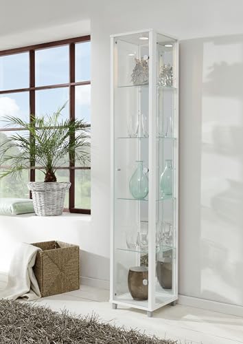 VR-Wohnwelten Glasvitrine (172x32x33 cm) in Weiss mit 4 Glasböden, Spiegel und LED - Modellauto Vitrine Weiß - Vitrinenschrank Weiss - Sammlervitrine Weiß - Wohnzimmerschrank Regal Wand Schrank von K-Möbel