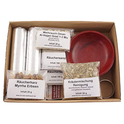 Räucherset „Hausreinigung“ – 9 TLG. – Kräuter-Mischung Reinigung m. Weihrauch Oman Al-Hojari u. Räucherharz Myrrhe - Räucherschale u. Zubehör mit Anleitung – Geschenkkarton (Rote Speckstein-Schale) von K W