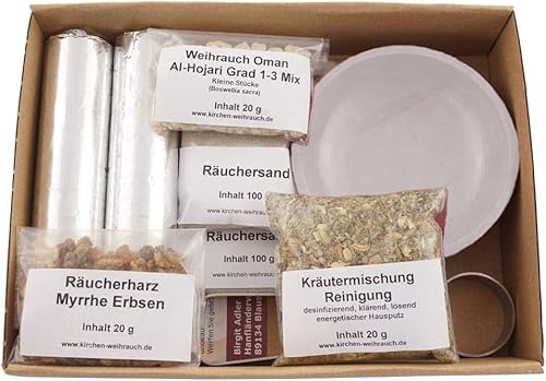 Räucherset „Hausreinigung“ – 9 TLG. – Kräuter-Mischung Reinigung m. Weihrauch Oman Al-Hojari u. Räucherharz Myrrhe - Räucherschale u. Zubehör mit Anleitung – Geschenkkarton (Weiße Speckstein-Schale) von K W
