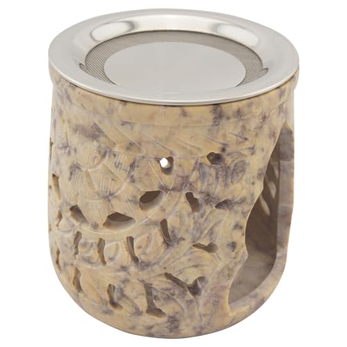 Räucherstövchen aus indischem Speckstein mit Edelstahl-Sieb und Metallscheibe – Design „Jamal – H 10 cm (beige-marmoriert) von K W