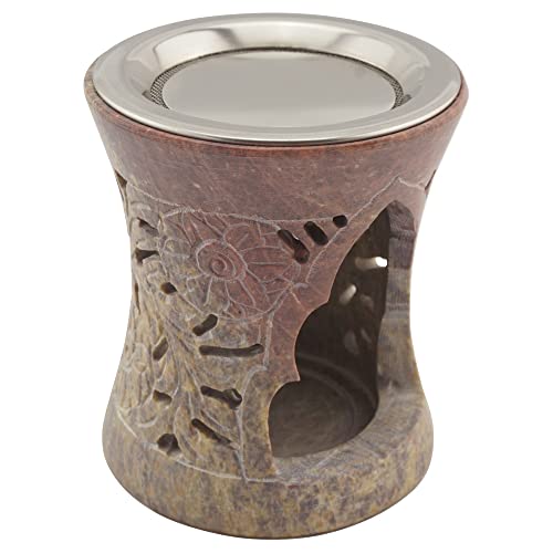 Räucherstövchen aus indischem Speckstein mit Edelstahl-Sieb und Metallscheibe – Design „Nilay – H 10 cm von K W
