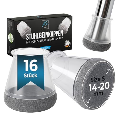 Stuhlbeinkappen Rund, 16 Stück, Filzgleiter für Stühle, Ø14-20mm, Schutzkappen für Stuhlbeine, Stuhlbeinschoner, Bodenschoner für Stühle mit Filz, Gleiter für Stühle, Gleiter Transparent von K's Quality