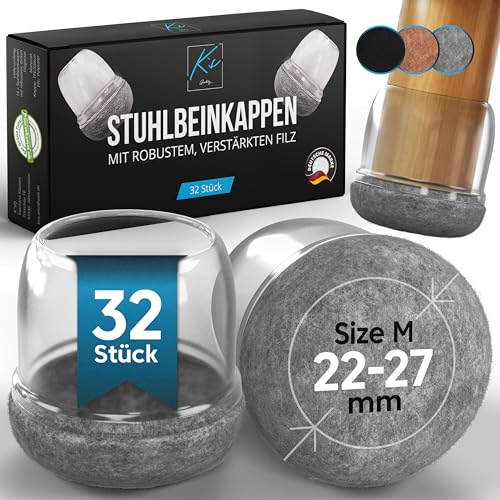 Stuhlbeinkappen Rund, 32 Stück, Filzgleiter für Stühle, Ø22-27mm, Schutzkappen für Stuhlbeine, Stuhlbeinschoner, Bodenschoner für Stühle mit Filz, Gleiter für Stühle, Gleiter Transparent von K's Quality