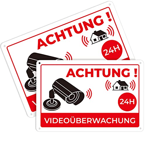 K&F Concept 2 Stück Achtung Videoüberwachung Schild 20 x 30 cm aus Aluminium, Alu Warnschild Kamera Überwachung für Überwachungskamera/Kamera Attrappe -Achtung Videoüberwachung für Privatgrundstück von K&F Concept