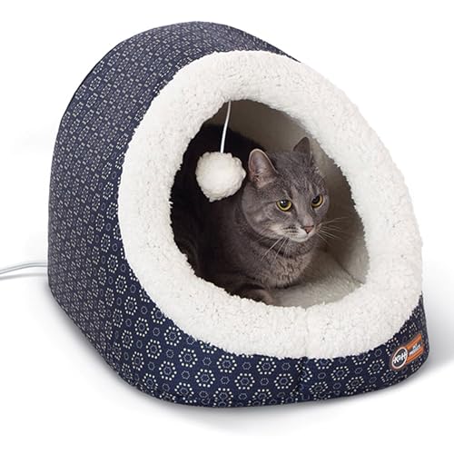 K&H PET PRODUCTS Thermo-Pet Cave Katzenbett, beheizt, 43,2 x 38,1 x 33 cm, Marineblau/Geo Flower von K&H PET PRODUCTS