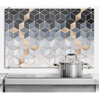 Glas Spritzschutz inkl Montagematerial Küchenrückwand Blaue Würfel Gold Geometrie 100x70cm - blau von K&L WALL ART