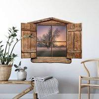 K&l Wall Art - 3D Wandtattoo Wohnzimmer Cuadrado Landhaus Vintage Baum des Lebens Wald Holzfenster selbstklebend 60x46cm - braun von K&L WALL ART