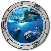 Alu-Dibond-Poster Rund Metalloptik Wandbild Badezimmer Bullauge Fenster Delfin Delphine ø 30cm - blau von K&L WALL ART