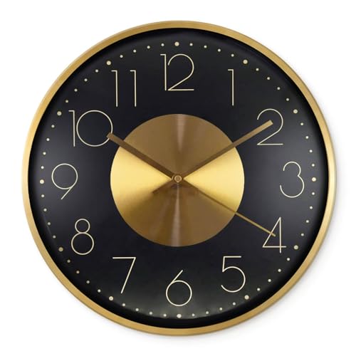 Aluminium Wanduhr ohne Tickgeräusche leise Metalluhr für Wohnzimmer Büro Schwarz Goldoptik Metall Uhren 40 cm von K&L Wall Art
