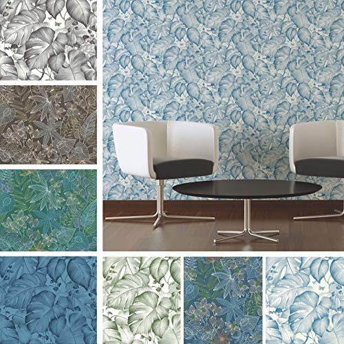 Blaue Tapete Jungle Blätter Tropic Deko decowall Affen Deko. abwischbare Dschungeltapete aus Vlies von K&L Wall Art