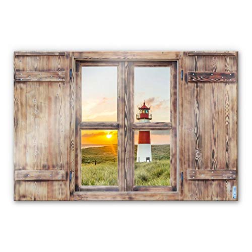 Landhaus Glasbild 3D Holzfenster Leuchtturm Glasposter Nordsee Sonnenuntergang Küste 100x70 Glasposter von K&L Wall Art