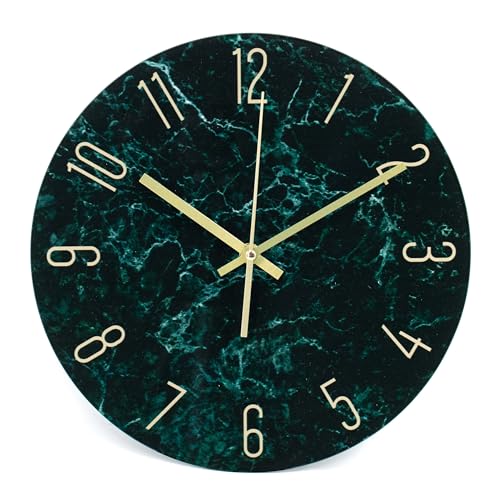 K&L Wall Art 30cm große Wanduhr aus Glas Küchenuhr Marmor Optik auf Klarglas leise Glasuhr ohne Tick-Geräusche (Marble Jade grün) von K&L Wall Art