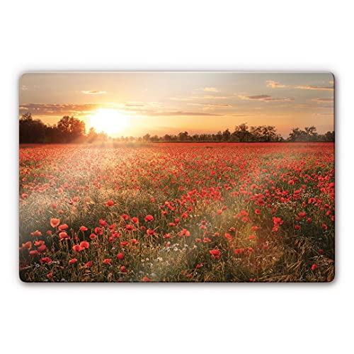 K&L Wall Art Sonnenuntergang Glasbild Mohnfeld Wanddeko rot modernes Wandbild Mohnblumen Bilder auf Glas 80x60cm von K&L Wall Art