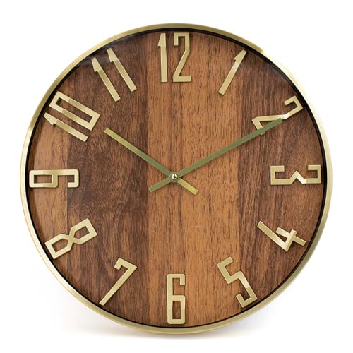 K&L Wall Art 40cm große Holzoptik Wanduhr ohne Tickgeräusche geräuschlose Holzuhr für Wohnzimmer Büro 3D Ziffern Gold von K&L Wall Art