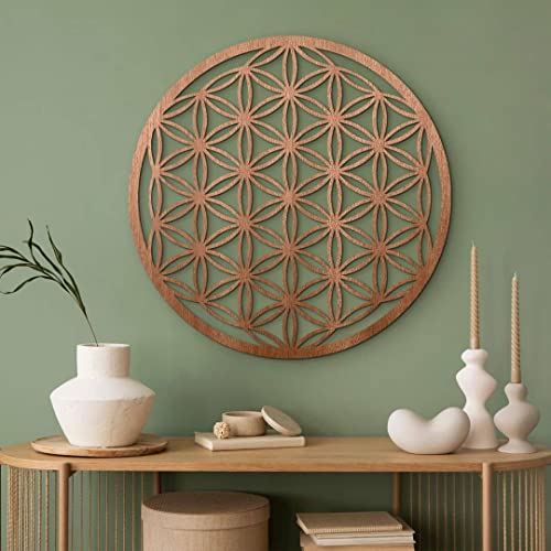 K&L Wall Art Blume des Lebens Holzbild Lebensblume Wandbild aus Holz Wohnzimmer Bilder Feng Shui Deko geometrisch modern (Mahagoni Furnier Ø55cm) von K&L Wall Art