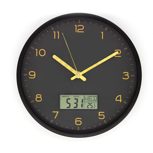 K&L Wall Art Digitale Wanduhr batteriebetrieben analoge Uhr ohne Tickgeräusche Wanduhren mit Datum und Wochentag Schwarz Gold von K&L Wall Art