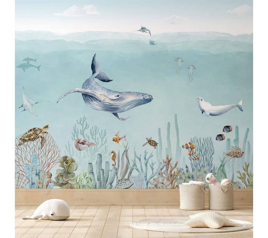 K&L Wall Art Fototapete Fototapete Baby Kinderzimmer Tapete Meerestiere Delfin Seepferdchen, große XXL Motivtapete von K&L Wall Art