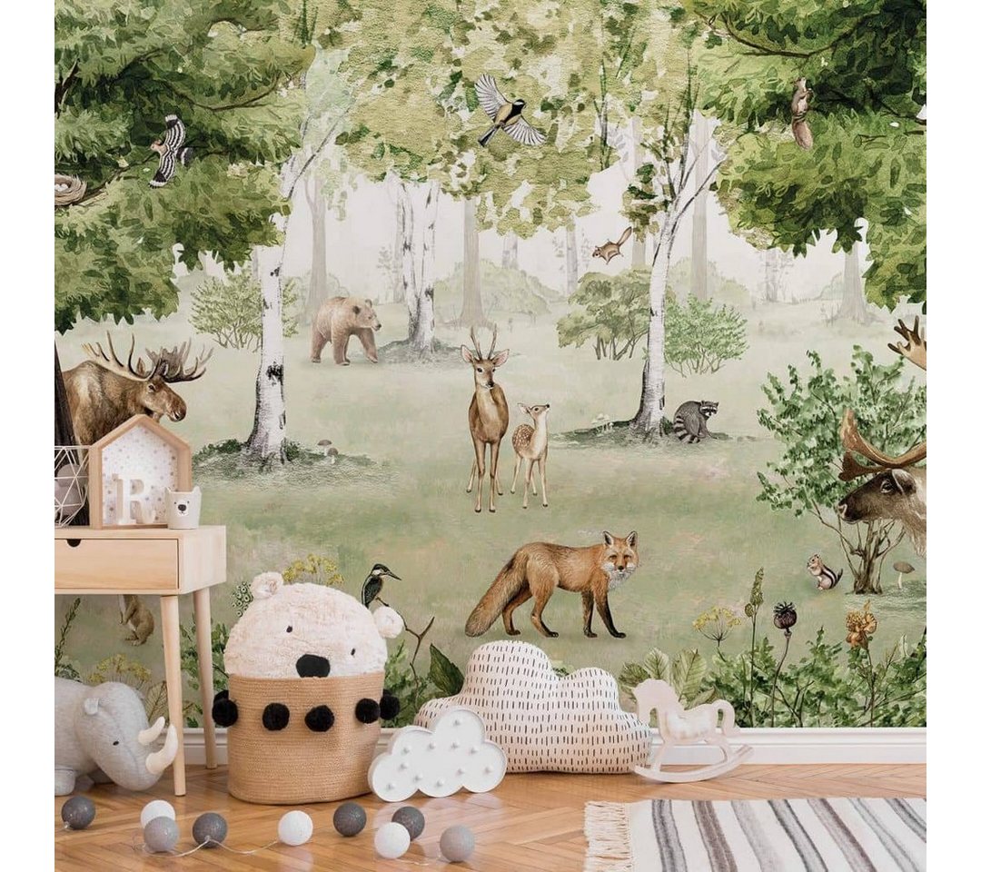 K&L Wall Art Fototapete Fototapete Baby Kinderzimmer Vliestapete Waldbewohner Fuchs Hirsch Elch, große XXL Motivtapete von K&L Wall Art