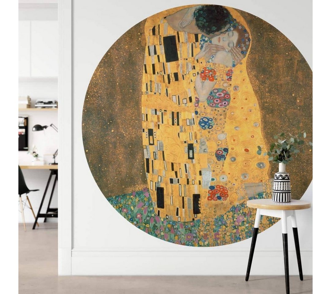 K&L Wall Art Fototapete Fototapete Klimt Kunstdruck Der Kuss Vliestapete Rund Gemälde Gold Deko, Liebespaar Tapete von K&L Wall Art