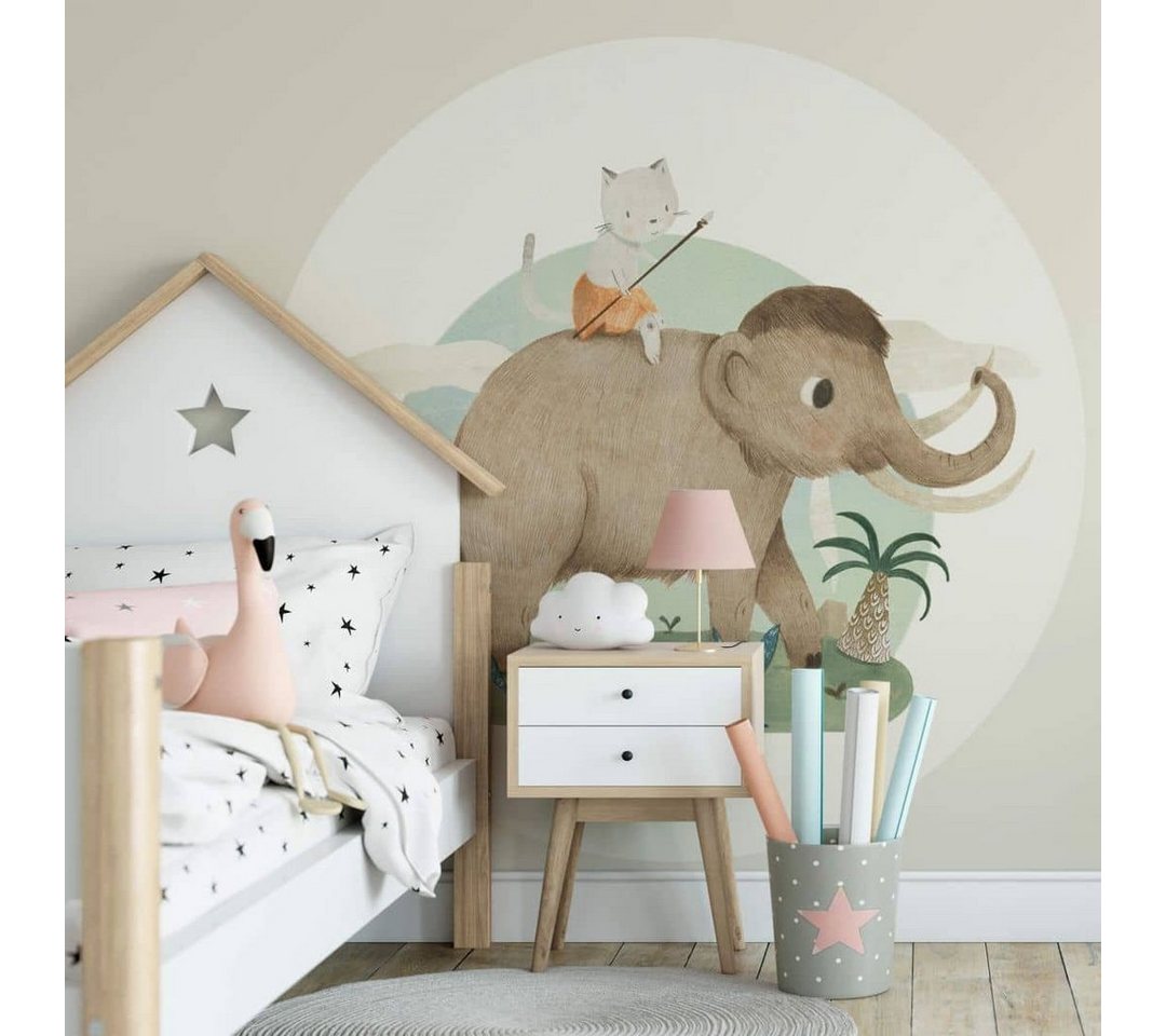 K&L Wall Art Fototapete Fototapete Loske Elefant und Katze Kinderzimmer Vliestapete Rund Tapete, Mammut Tapete von K&L Wall Art