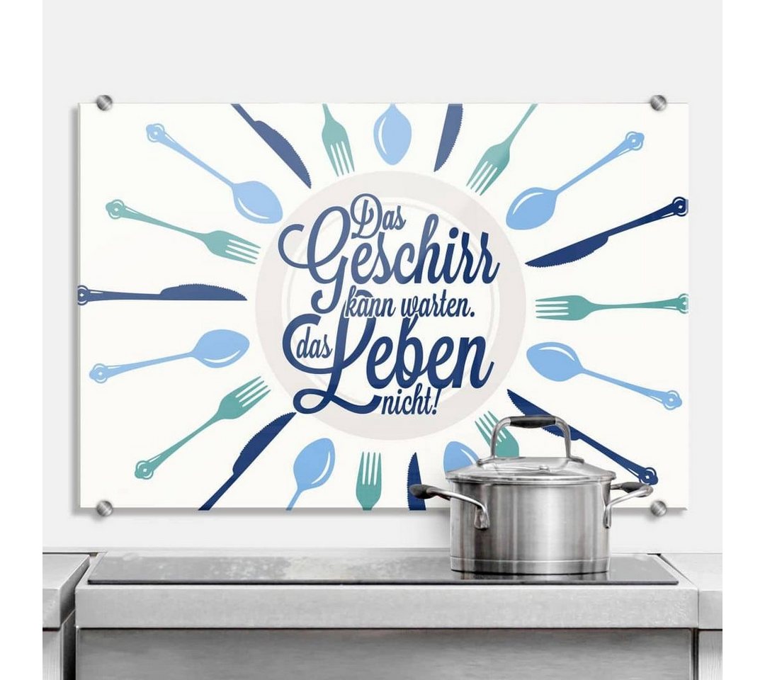 K&L Wall Art Gemälde ESG Glasbild Spritzschutz Küche lustiger Schriftzug Geschirr kann warten Leben nicht, Küchenrückwand aus Sicherheitsglas von K&L Wall Art