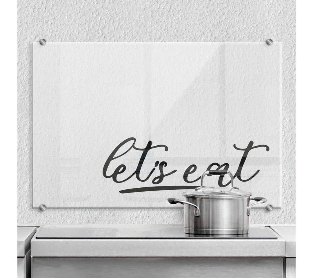 K&L Wall Art Gemälde Spritzschutz Herd Küchenrückwand Schriftzug Klarglas Let's eat, Glas Wandschutz inkl Montagematerial von K&L Wall Art