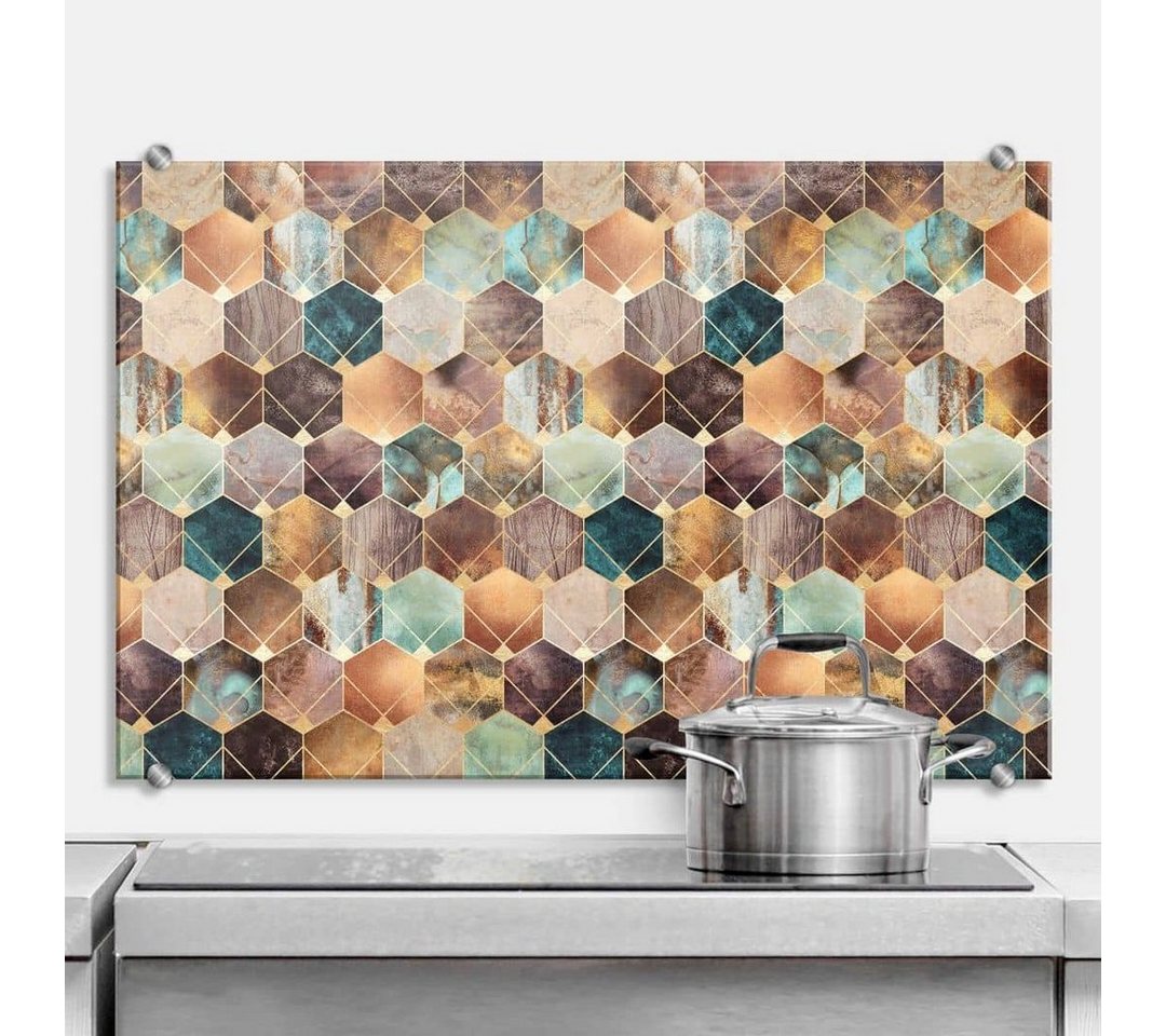 K&L Wall Art Gemälde Glas Spritzschutz Küchenrückwand Hexagon abstrakt Gold Kupfer, Wandschutz inkl Montagematerial von K&L Wall Art