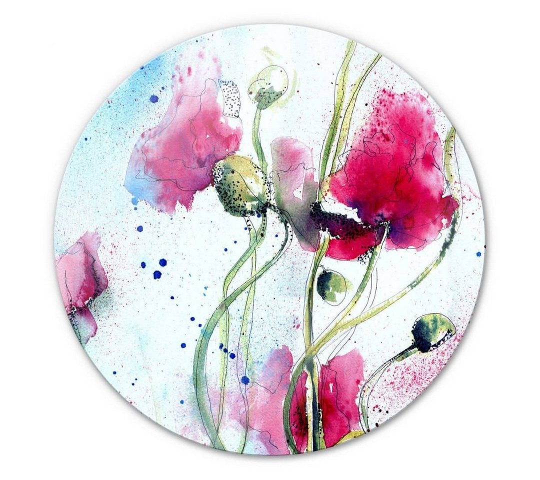 K&L Wall Art Gemälde Glas Wandbild Rund Glasbild Poppy Blumen Mohnblume Aquarell, Wandschutz Deko Bilder von K&L Wall Art