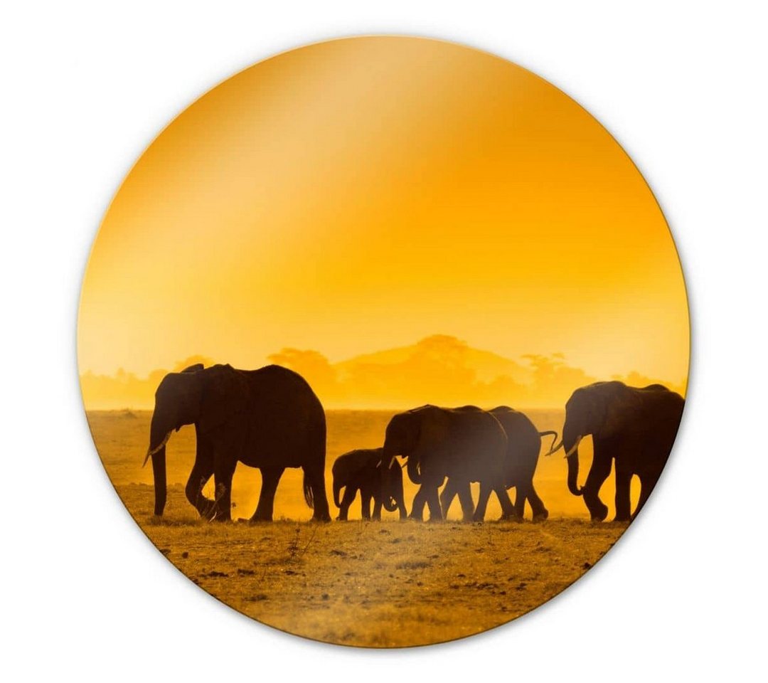 K&L Wall Art Gemälde Glas Wandbild Rund Glasbild Elefanten Safari Afrika Silhouette, Wandschutz Deko Bilder von K&L Wall Art