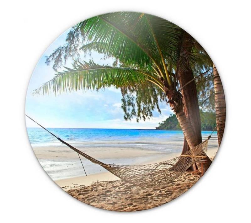 K&L Wall Art Glasbild Glas Wandbild Rund Glasbild Hängematte Sand Strand Urlaub, Wandschutz Deko Bilder von K&L Wall Art