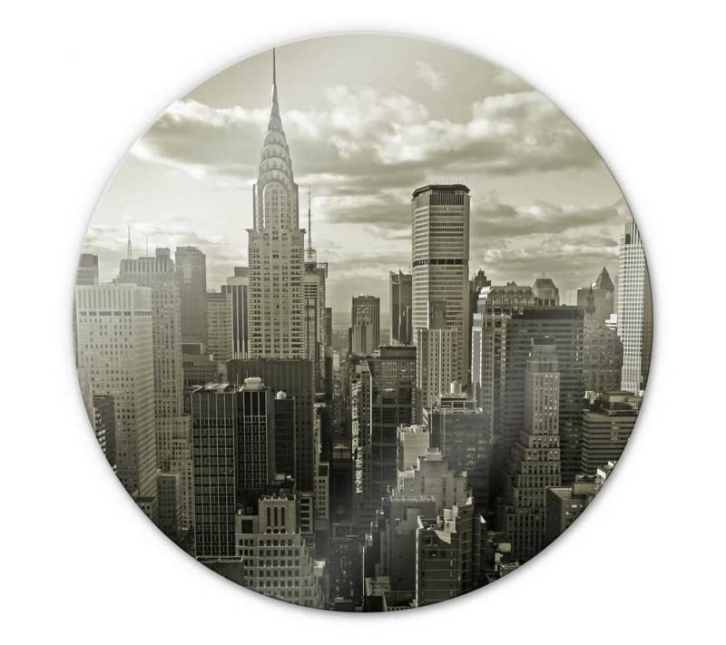 K&L Wall Art Glasbild Glas Wandbild Rund Glasbild Büro Manhattan Skyline retro Nostalgie, Wandschutz Deko Bilder von K&L Wall Art