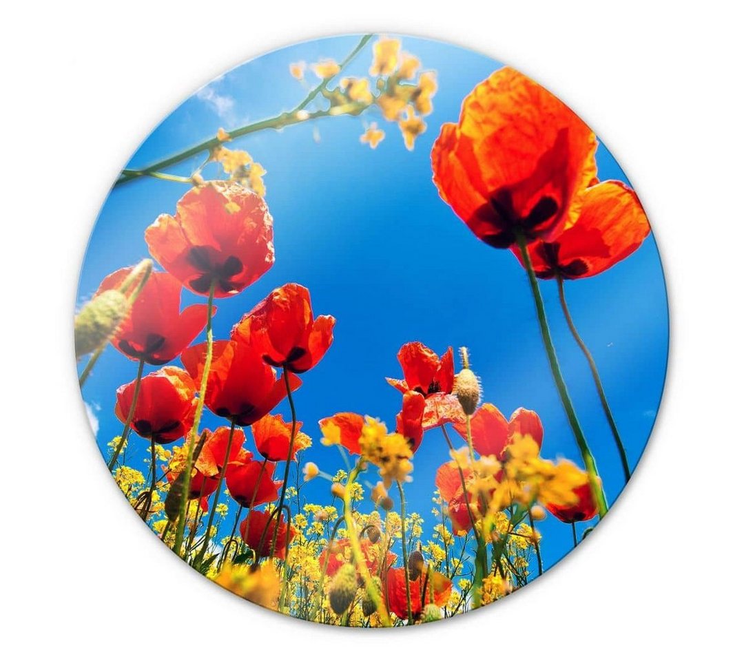 K&L Wall Art Gemälde Glas Wandbild Rund Glasbild Büro Mohnblumen Rapsfeld Blumen, Wandschutz Deko Bilder von K&L Wall Art