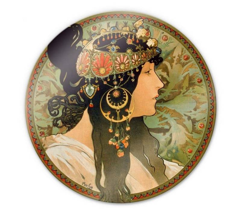K&L Wall Art Glasbild Glas Wandbild Rund Glasbild Retro Nostalgie Mucha Brünette, Wandschutz Deko Bilder von K&L Wall Art