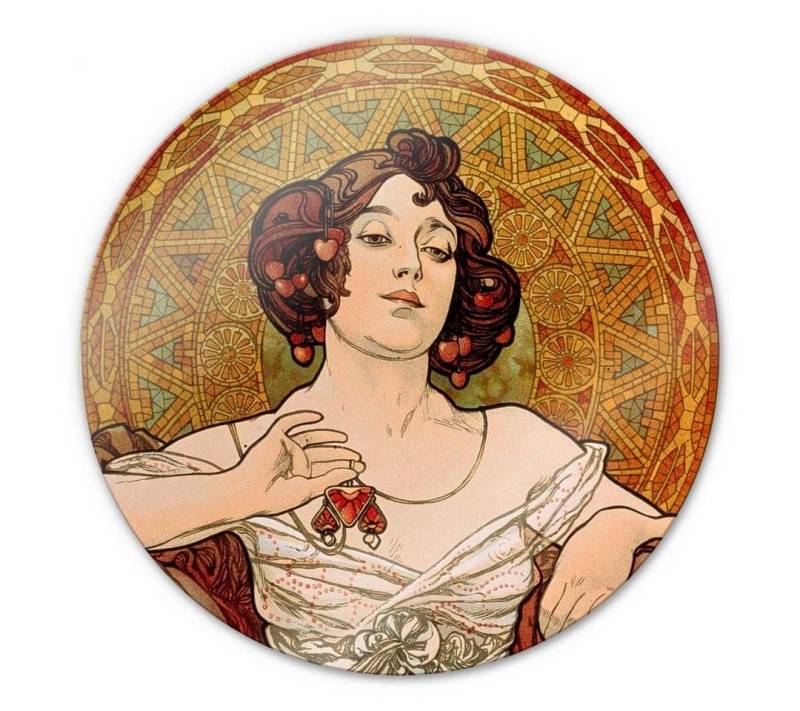 K&L Wall Art Glasbild Glas Wandbild Rund Glasbild Retro Nostalgie Mucha Edelstein Rubin, Wandschutz Deko Bilder von K&L Wall Art