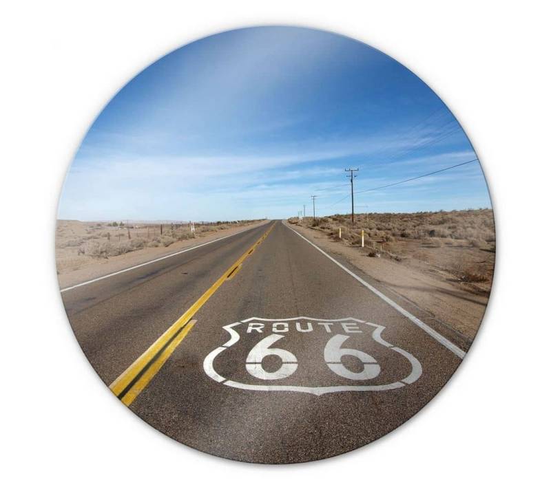 K&L Wall Art Gemälde Glas Wandbild Rund Glasbild Vintage Route 66 Freiheit Amerika, Wandschutz Deko Bilder von K&L Wall Art