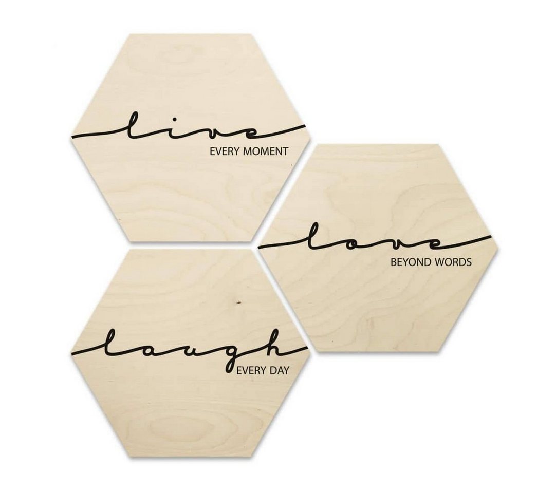 K&L Wall Art Gemälde Hexagon Holzbild Live Laugh Love Natur Schriftzug Wohnzimmer 3er Set, Wandbild Birke-Furnier naturbelassen von K&L Wall Art