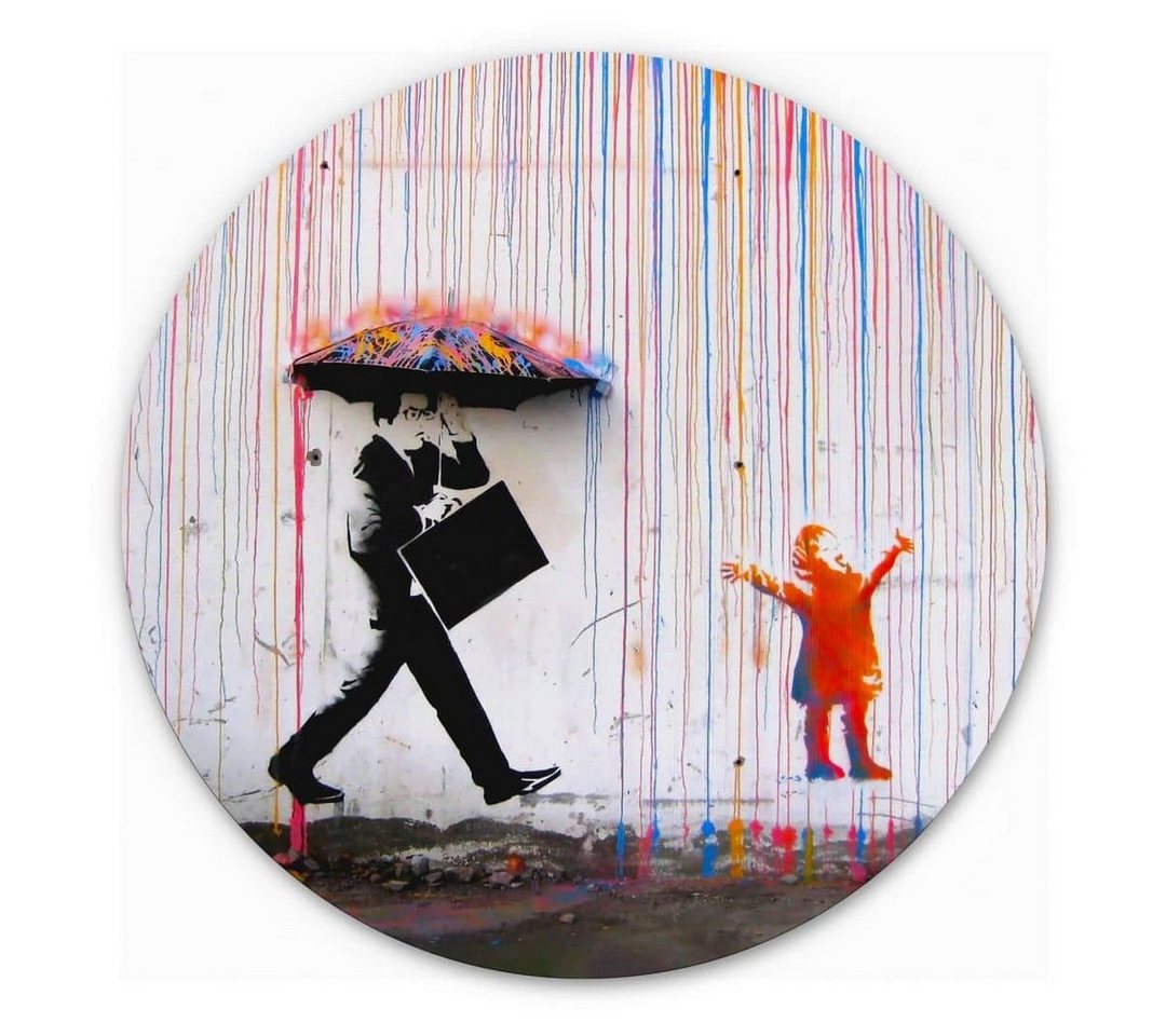 K&L Wall Art Gemälde Metallposter Rund Coloured Rain Graffiti Straßenkunst Banksy, Metalloptik Wandbild Ø 45cm von K&L Wall Art