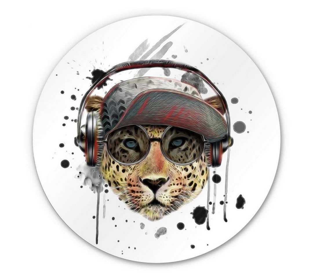 K&L Wall Art Gemälde Metallposter Rund Leopard Safari DJ Graffiti Kunst Musik Panther, Metalloptik Wandbild Ø 30cm von K&L Wall Art