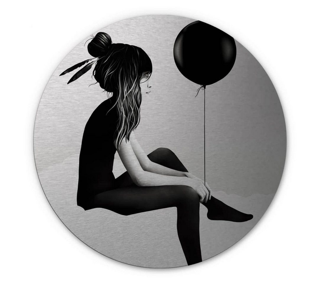 K&L Wall Art Gemälde Metallposter Wohnzimmer Luftballon Boho Mädchen Deko Silber, Metalloptik Wandbild Ø 70cm von K&L Wall Art