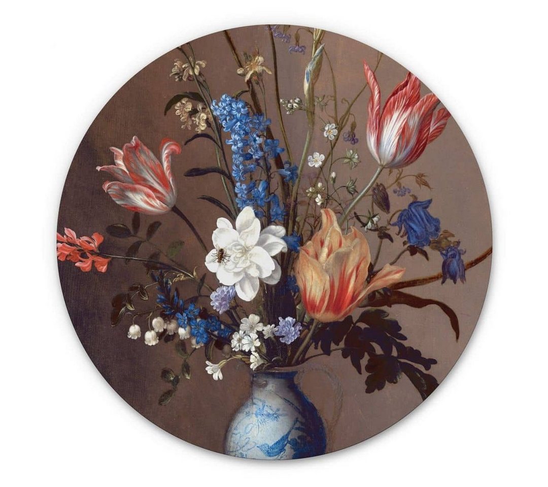 K&L Wall Art Gemälde Metallposter rund Blumen Wan-Li Vase Chinoiserie floral Van der Ast, Metalloptik Wandbild Ø 30cm von K&L Wall Art