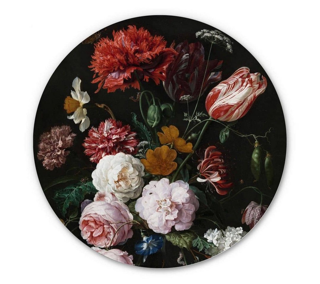 K&L Wall Art Alu-Dibond-Druck Metallposter rund Stillleben Pfingstrosen Glasvase Kunstdruck Heem, Metalloptik Wandbild Ø 70cm von K&L Wall Art