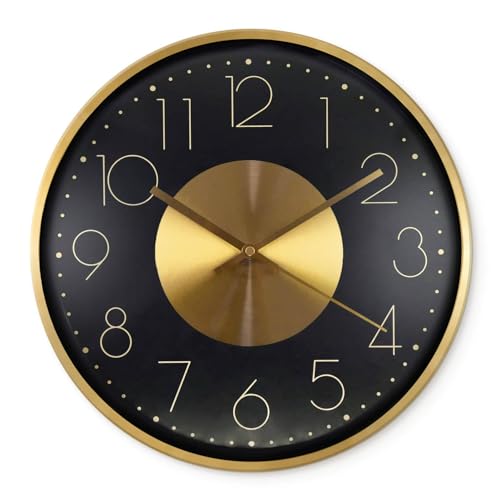 K&L Wall Art Goldene Funkuhr Elegante Wanduhr ohne Tickgeräusche Metallic Funkwanduhr Feng Shui Deko Schwarz Gold, Ø 30cm von K&L Wall Art