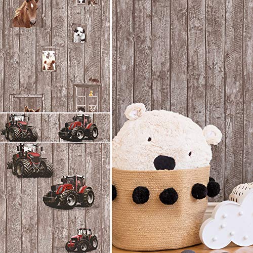 K&L Wall Art PVC-Freie Kinderzimmer Tapete 3D Vliestapete + passende Bordüre Traktor Bauernhof Tiere Holz Spielzimmer von K&L Wall Art