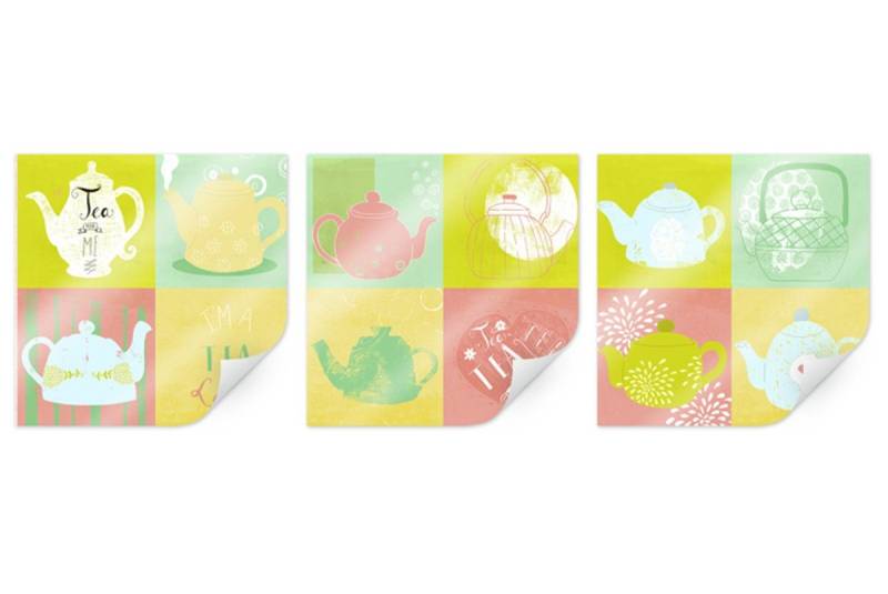K&L Wall Art Poster Loske - Tea Time (3-tlg), Tee Tassen Teekanne, Kinderzimmer Wandbild modern von K&L Wall Art