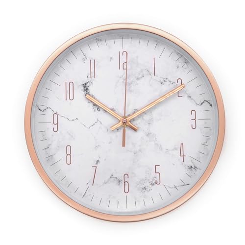 K&L Wall Art Silber Rosa Wanduhr ohne Tickgeräusche Marmor Wanduhren modern Wohnzimmer Deko lautloses Quarz Uhrwerk (Marble Roségold, Ø 25cm) von K&L Wall Art